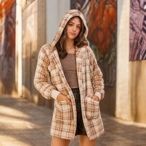Boho Chic Plaid Fuzzy Hooded Jacket 100% Polyester Soft Plush Fall Layer Sz L